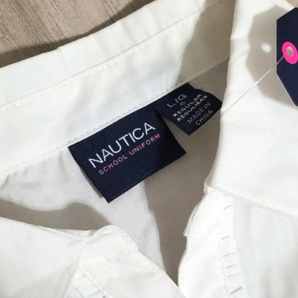 Nautica Girls School Uniform Button Down Ruffle Pleated White Shirt Large 6 Top - Picture 2 of 4